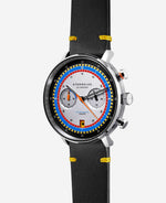 popup|Form follows function|Die Gestaltung des Chronographen folgt dem Bauhaus-Prinzip "form follows function": Der Drücker auf 2 Uhr weist dieselbe Signalfarbe wie der große Chronozeiger und der linke Totalisator (Stoppminute) auf, um die Verbindung zu verdeutlichen.